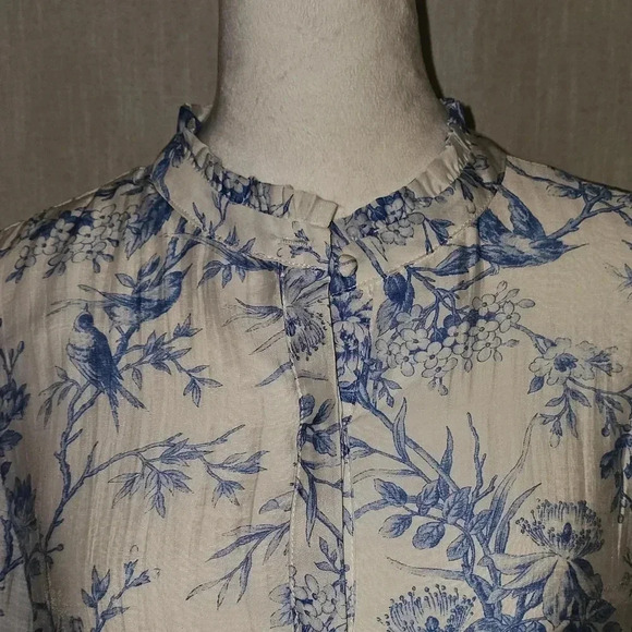 Fate Elegance In Bloom Blue Floral Bohochic Ruffle Neck Long Sleeve Blouse SZ M - Picture 3 of 13